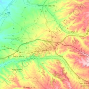 Topografische Karte Cervera, Höhe, Relief