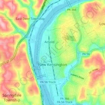 Topografische Karte New Kensington, Höhe, Relief