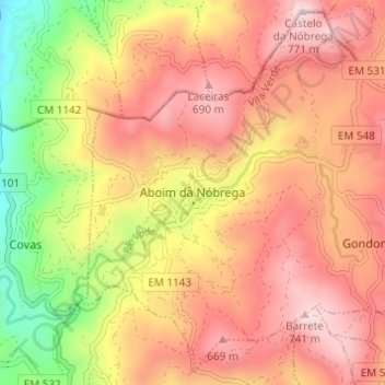 Topografische Karte Aboim da Nóbrega, Höhe, Relief