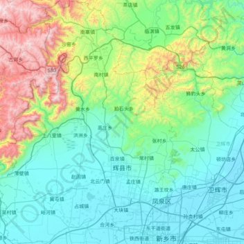 Topografische Karte 辉县市, Höhe, Relief