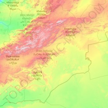 Topografische Karte Drâa-Tafilalet ⴷⴰⵔⵄⴰ-ⵜⴰⴼⵉⵍⴰⵍⵜ درعة-تافيلالت, Höhe, Relief