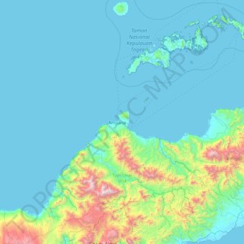 Topografische Karte Tojo Una-Una Regency, Höhe, Relief
