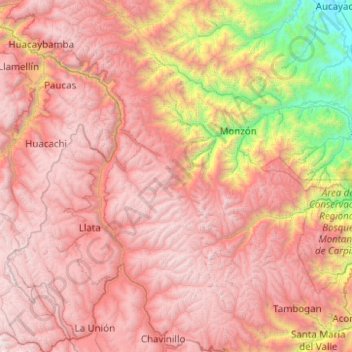 Topografische Karte Huamalíes, Höhe, Relief