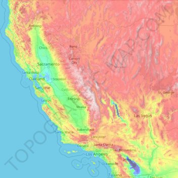 Topografische Karte Califórnia, Höhe, Relief