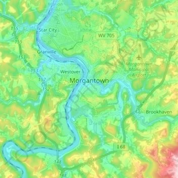 Topografische Karte Morgantown, Höhe, Relief