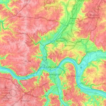 Topografische Karte Cincinnati, Höhe, Relief