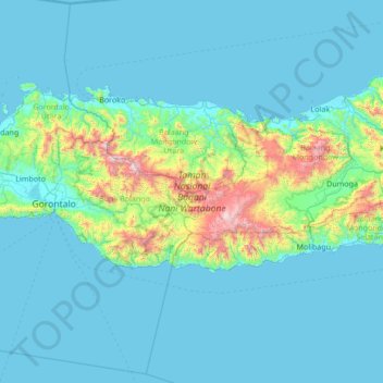 Topografische Karte Bogani Nani Wartabone National Park, Höhe, Relief