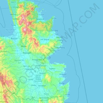 Topografische Karte Surigao del Sur, Höhe, Relief