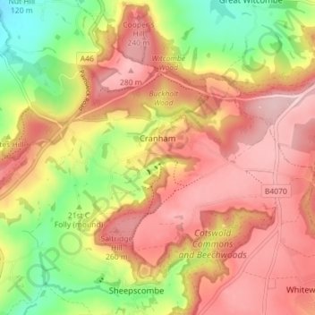 Topografische Karte Cranham, Höhe, Relief