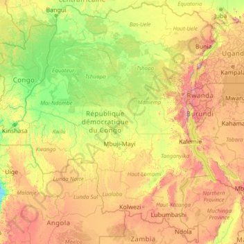 Topografische Karte Demokratische Republik Kongo, Höhe, Relief