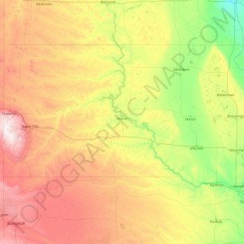 Topografische Karte South Dakota, Höhe, Relief