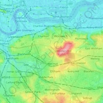 Topografische Karte Royal Borough of Greenwich, Höhe, Relief