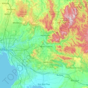 Topografische Karte Yarra River, Höhe, Relief