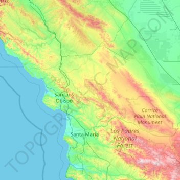 Topografische Karte San Luis Obispo County, Höhe, Relief