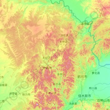 Topografische Karte 伊春市, Höhe, Relief