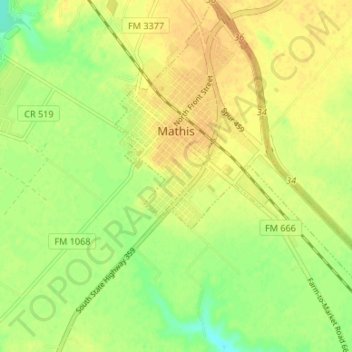 Topografische Karte Mathis, Höhe, Relief