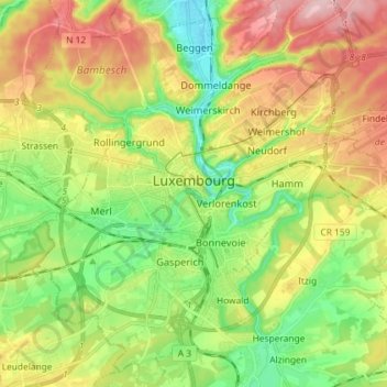 Topografische Karte Luxemburg, Höhe, Relief