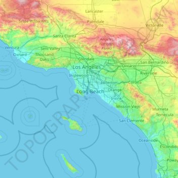 Topografische Karte Los Angeles County, Höhe, Relief
