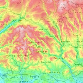 Topografische Karte Rhondda Cynon Taf, Höhe, Relief