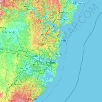 Topografische Karte Sydney, Höhe, Relief