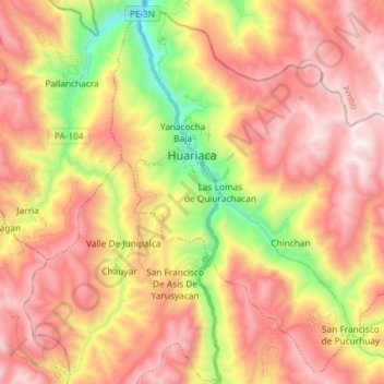 Topografische Karte Huariaca, Höhe, Relief
