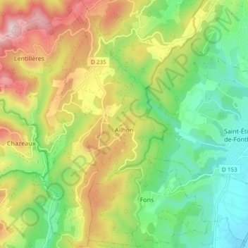 Topografische Karte Ailhon, Höhe, Relief