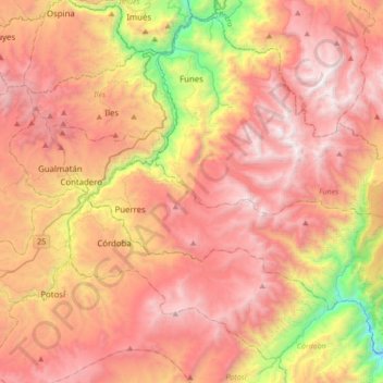 Topografische Karte Funes, Höhe, Relief