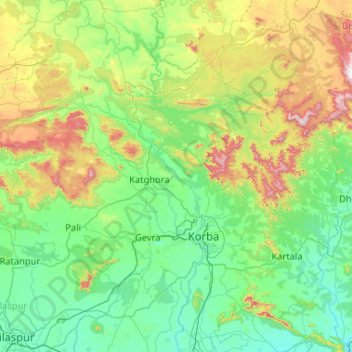 Topografische Karte Korba District, Höhe, Relief