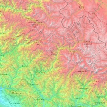 Topografische Karte Uttarkashi district, Höhe, Relief