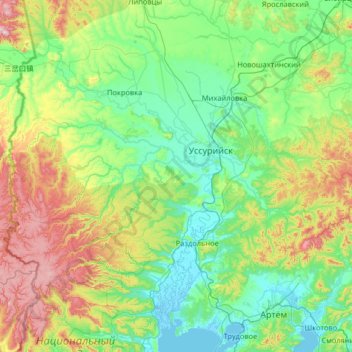 Topografische Karte Уссурийский городской округ, Höhe, Relief