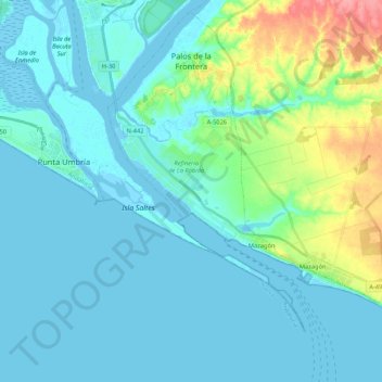 Topografische Karte Palos de la Frontera, Höhe, Relief