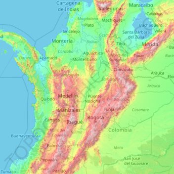 Topografische Karte Río Magdalena, Höhe, Relief