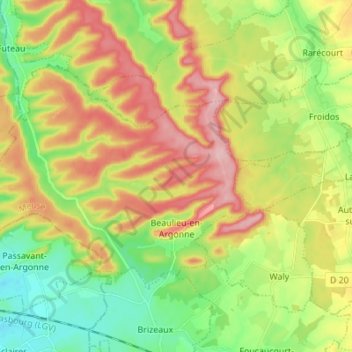Topografische Karte Beaulieu-en-Argonne, Höhe, Relief