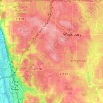 Topografische Karte Woodbury, Höhe, Relief