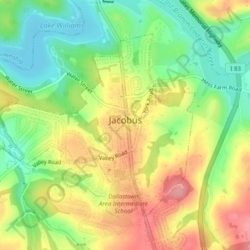 Topografische Karte Jacobus, Höhe, Relief