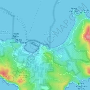 Topografische Karte Plage des Porquerollais, Höhe, Relief