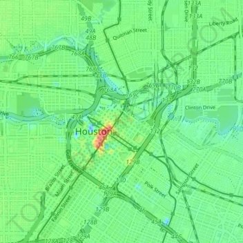 Topografische Karte original boundary of City of Houston, Höhe, Relief