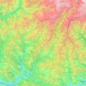 Topografische Karte Bhilangna River, Höhe, Relief