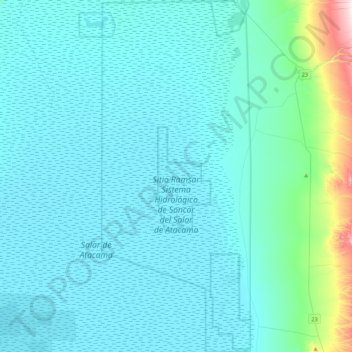 Topografische Karte Sitio Ramsar Sistema Hidrológico de Soncor del Salar de Atacama, Höhe, Relief